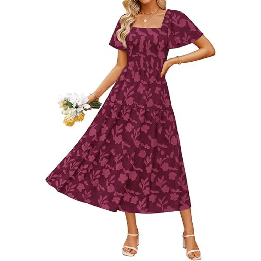 Women's Wine Square Neck A Line Short Sleeve Casual Classic Midi Dress